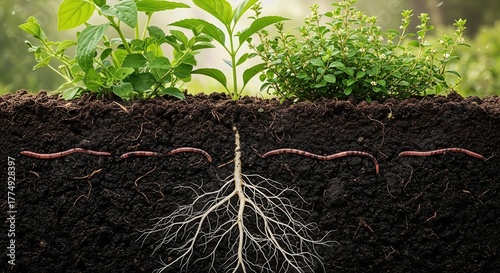 Plant life cycle, earthworms, root system, soil layers, subterranean cross section, healthy ecosystem, nourishment cycle.