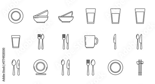 A collection of thin line icons representing various tableware and drinkware items, including plates, bowls, glasses, mugs, forks, and knives, presented on a clean white background, ideal for graphic