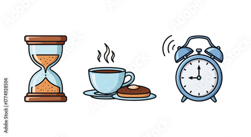 Collection of three distinct icons representing time and daily routines: a classic hourglass symbolizing the passage of time, a steaming cup of coffee with a pastry for a break, and a ringing alarm