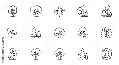 Collection of stylized outline icons representing various trees and forest scenes, including deciduous and coniferous varieties, set against a clean white background, perfect for graphic design, app