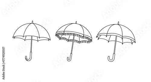 Minimalistic vector illustration of three different types of umbrellas or parasols drawn with thin lines on a white background, showcasing a simple and clean design for graphic resources and design