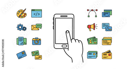 Vivid outline illustration of a hand touching a smartphone screen surrounded by icons representing graphic design tools, coding, communication, photography, business cards, credit cards, and