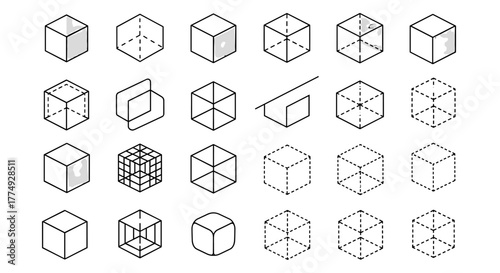 Diverse Collection of Cube Icons: A Vector Illustration Showcasing Various Cube Designs, Including Solid, Outline, Wireframe, and Partially Filled Cubes, Perfect for Infographics, Articles, Books