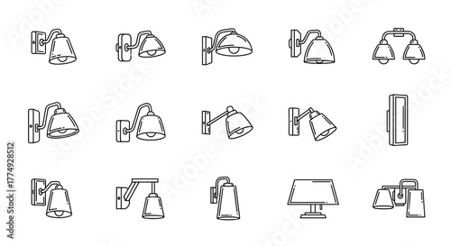 Collection of thin line art icons representing various wall lamps and lighting fixtures, perfect for web design, book illustrations, cards, and app interfaces, presented on a clean white background
