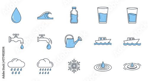 Collection of simple, linear, outline-style vector illustrations depicting various water-related elements, including drops, waves, bottles, glasses, faucets, watering cans, boats, rain clouds