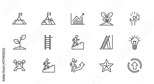 Collection of editable line icons representing ambition, progress, and personal growth, including climbing mountains, ascending stairs, reaching goals, and overcoming obstacles, all presented in a