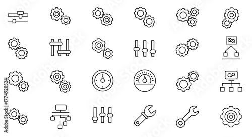 Set of outline icons related to gears, control, tools, and systems, including gear configurations, sliders, gauges, wrenches, and flowcharts, representing mechanical engineering, industrial
