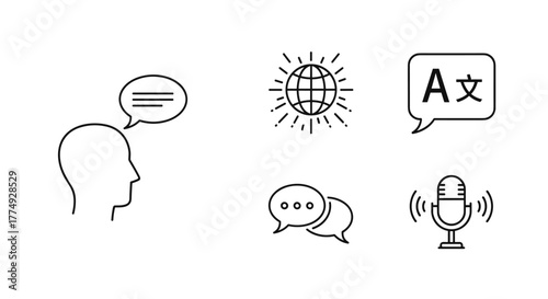 Set of line icons representing language and communication concepts, including a translator icon with 'A' and '文' characters, a globe symbolizing global reach, a microphone for voice input, and speech