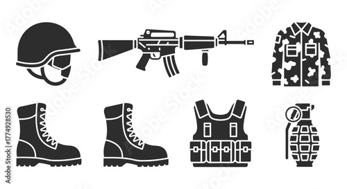 Set of flat design combat gear icons on a black background, featuring a military helmet, assault rifle, camouflage uniform, tactical boots, body armor vest, and a hand grenade, representing soldier