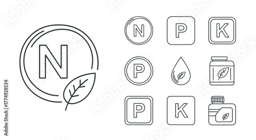 Set of outline icons representing balanced nutrient fertilizers, featuring NPK letters, a droplet with a leaf, and various fertilizer containers, symbolizing plant nutrition and agricultural science