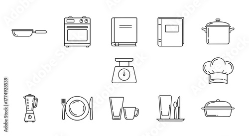 Set of line icons representing kitchen utensils and cooking equipment, including a frying pan, oven, cookbook, saucepan, blender, chef's hat, glass, crockery, and casserole dish, presented as a