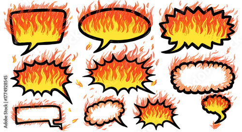 Collection of hand-drawn flaming doodle speech bubbles in a scribble sketch crayon style, perfect for comic frames with a fire effect, ideal for spooky Halloween illustrations or adding fiery