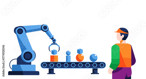 Futuristic industrial automation scene featuring a robotic arm precisely managing various geometric items on a conveyor belt, overseen by a cloud with wireless connectivity signals, adjacent to a