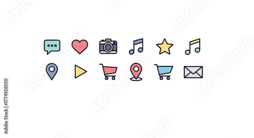 A collection of flat design vector icons representing social media, communication, and e-commerce, including a chat bubble, heart, camera, music notes, star, map pin, play button, shopping cart, and