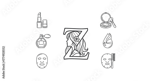 Elegant monogram letter Z logo design featuring a woman's silhouette with flowing hair adorned by a flower, surrounded by beauty essentials like lipstick, perfume, powder brush, face mask, and hair