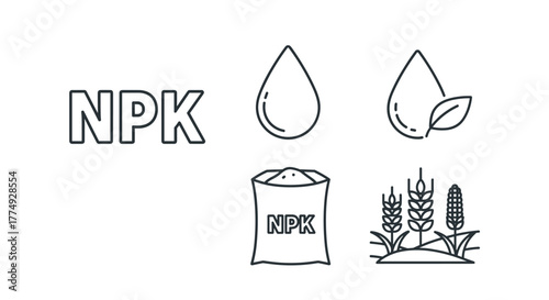 Set of outline icons representing balanced nutrient fertilizers, including NPK letters, a water droplet, a droplet with a leaf, a bag of fertilizer, and cereal crops like wheat and corn, symbolizing