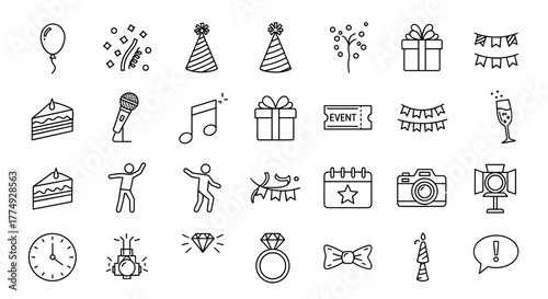 Set of vibrant outline icons representing events and parties, featuring balloons, confetti, party hats, gifts, event tickets, and decorations, perfect for invitations, social media, and event