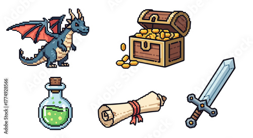 Pixel art fantasy game icons set featuring a blue dragon, treasure chest overflowing with gold coins, a potion bottle with green liquid, a rolled scroll tied with a red ribbon, and a silver sword