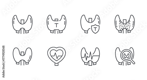 Set of thyroid gland icons, representing health, diagnosis, and medical conditions. Includes icons for a healthy thyroid, thyroid with letter T, protected thyroid, diseased thyroid, and thyroid
