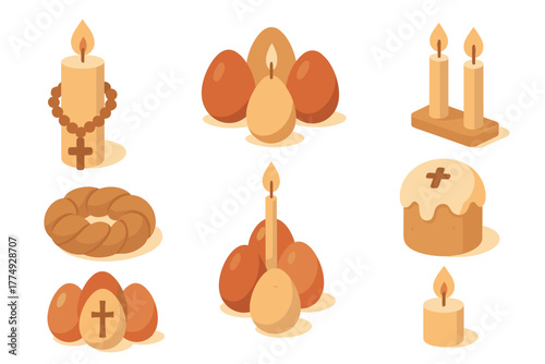 Easter isometric icons: candles, eggs, wreath, and cake