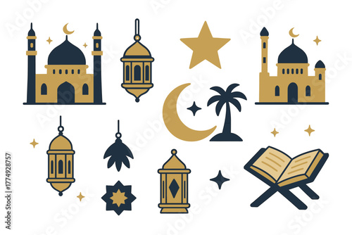 Ramadan elements: mosque, crescent, lanterns, and quran in flat design