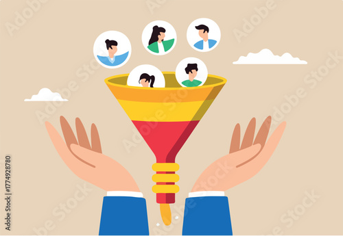 Businessman hand holds marketing funnel, illustrating process of lead generation and converting potential customers into sales. Concept of attracting prospects, and converting into paying customers