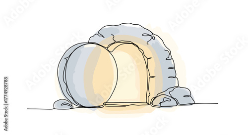 The Resurrection: Empty Tomb with Stone Rolled Away and Light. Minimalist One-Line Watercolor Vector Illustration