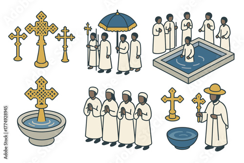 Ethiopian orthodox baptism ceremony elements in hand-drawn style