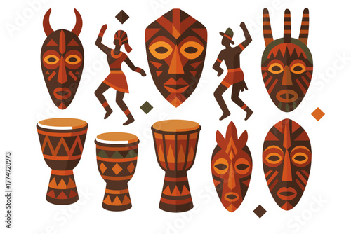 Traditional african masks and drums with dancing figures in flat tribal art style