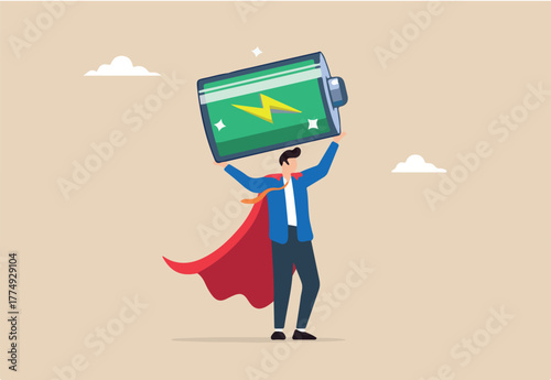 Businessman superhero carry fully charged recharge battery, illustrating fully energized and ready to work. Concept of replenishing energy level, refreshing from exhaustion, and recovery from burnout