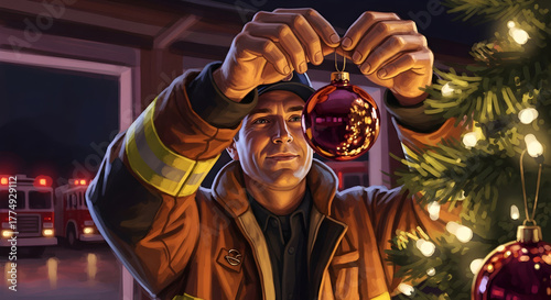 Fototapeta Naklejka Na Ścianę i Meble -  Firefighter hanging ornament on station Christmas tree – uplifting holiday illustration honoring everyday heroes with blank copy space