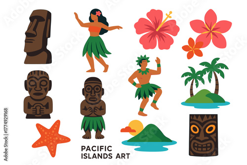 Pacific island elements: traditional dance, tiki art, and tropical flora designs