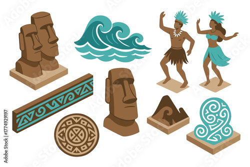 Traditional polynesian culture: moai statues, dance, and tribal patterns