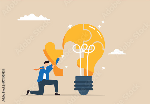 Smart businessman solving lightbulb idea puzzle by connecting last jigsaw piece, illustrating problem solver. Concept of find solutions, overcome difficulties through ideas, creativity, and innovation