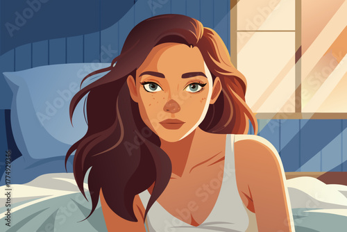 Beautiful woman with freckles waking up in bed early morning, pensive pose, soft natural light, intimate portrait photography, calm mood, and delicate female facial features