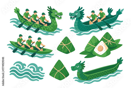 Dragon boat festival elements: crews, zongzi, and waves in vibrant flat design