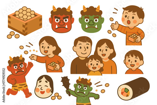 Lively family and oni characters in flat style celebrate japanese bean throwing festival