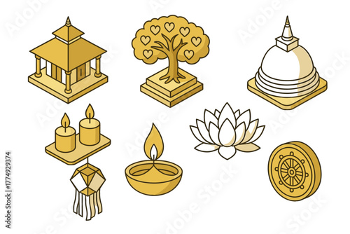 Isometric buddhist icons: temples, lotus, and symbols in gold