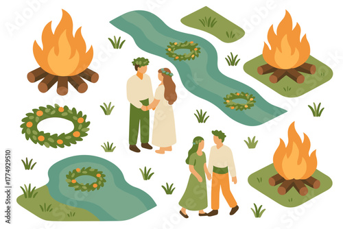 Romantic summer campfire couple with floral wreaths by river