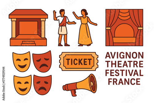 Avignon theatre festival icons set with masks, stage, and tickets