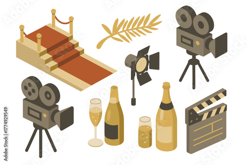 Isometric cinema elements: cameras, clapperboard, red carpet, and champagne