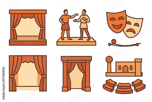 Theater elements collection featuring stage curtains, masks, and drama symbols