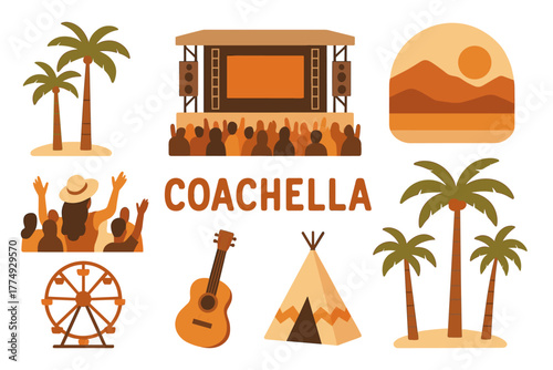 Music festival vibes with palm trees and sunset in modern flat style