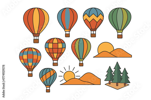 Colorful hot air balloons with scenic landscape elements in flat design