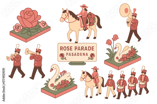 Pasadena rose parade festivities with marching band and floral floats in flat design