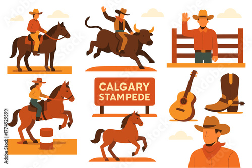 Colorful flat design of western rodeo activities and cowboy elements