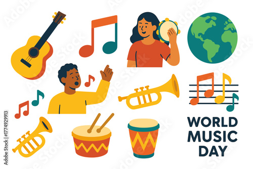 World music day celebration with instruments and singing in colorful flat design