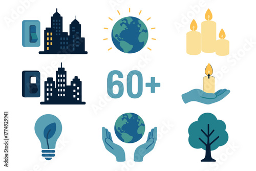 Earth hour concept with eco-friendly symbols and iconic elements in flat design