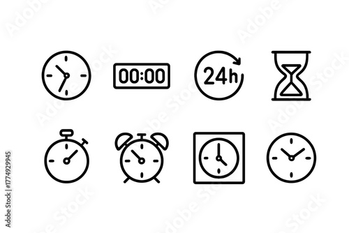 Various clock and timer icons displaying different time formats and functions