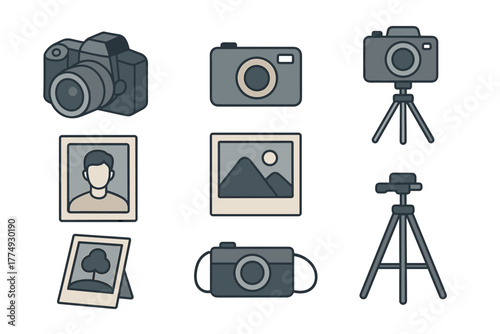 Photography equipment icons in flat style: cameras, tripods, and photos